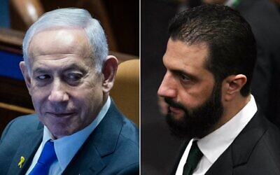 Prime Minister Benjamin Netanyahu (left) at the plenum hall of the Knesset, December 8, 2025. (Chaim Goldberg/Flash90); Syrian President Ahmed al-Sharaa (right) arrives at the General Plenary of Leaders at the COP30 UN Climate Change Conference in Belem, Para State, Brazil, on November 6, 2025. (Mauro PIMENTEL / AFP)