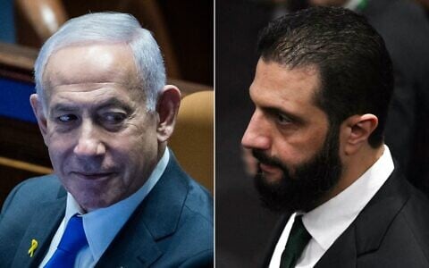 Prime Minister Benjamin Netanyahu (left) at the plenum hall of the Knesset, December 8, 2025. (Chaim Goldberg/Flash90); Syrian President Ahmed al-Sharaa (right) arrives at the General Plenary of Leaders at the COP30 UN Climate Change Conference in Belem, Para State, Brazil, on November 6, 2025. (Mauro PIMENTEL / AFP)