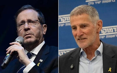 L-R: President Isaac Herzog attends a conference organized by the Defense Ministry Rehabilitation Department held at the Tel Aviv University, March 25, 2025. (Tomer Neuberg/FLASH90); Democrats leader Yair Golan leads a faction meeting at the Knesset, the Israeli parliament in Jerusalem, on October 27, 2025. (Yonatan Sindel/Flash90)