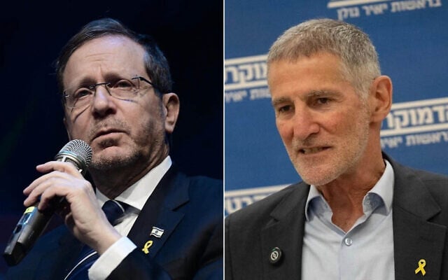 L-R: President Isaac Herzog attends a conference organized by the Defense Ministry Rehabilitation Department held at the Tel Aviv University, March 25, 2025. (Tomer Neuberg/FLASH90); Democrats leader Yair Golan leads a faction meeting at the Knesset, the Israeli parliament in Jerusalem, on October 27, 2025. (Yonatan Sindel/Flash90) L-R: President Isaac Herzog attends a conference organized by the Defense Ministry Rehabilitation Department held at the Tel Aviv University, March 25, 2025. (Tomer Neuberg/FLASH90); Democrats leader Yair Golan leads a faction meeting at the Knesset, the Israeli parliament in Jerusalem, on October 27, 2025. (Yonatan Sindel/Flash90)