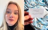 "Free Palestine" written on a Bloomingdale's sales tag, found by a customer within a delivery of Hanukkah-themed pajamas, December 2025. (Arielle Harris/TikTok)