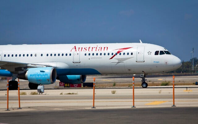 View of an Austrian Airline flight on the airstrip at Ben Gurion Airport on August 3, 2013. (Moshe Shai/FLASH90) View of an Austrian Airline flight on the airstrip at Ben Gurion Airport on August 3, 2013. (Moshe Shai/FLASH90)