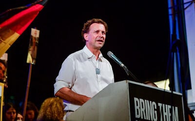 German Ambassador to Israel Steffen Seibert speaks during a rally calling for the release of hostages held by Hamas in Gaza, at Hostages Square in Tel Aviv, May 18, 2024. (Avshalom Sassoni/Flash90)
