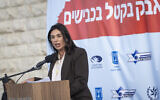 Transportation Minister Miri Regev attends a ceremony for 234 new traffic police vehicles as part of a new national road-safety program, at the Israel Police headquarters in Jerusalem, November 30, 2025. (Chaim Goldberg/Flash90)