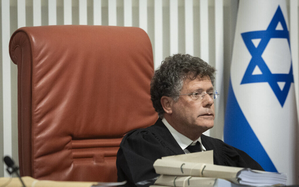 Supreme Court President Isaac Amit presides over a hearing on petitions against the government’s dismissal of Attorney General Gali Baharav-Miara, December 1, 2025. (Chaim Goldberg/ Flash90)