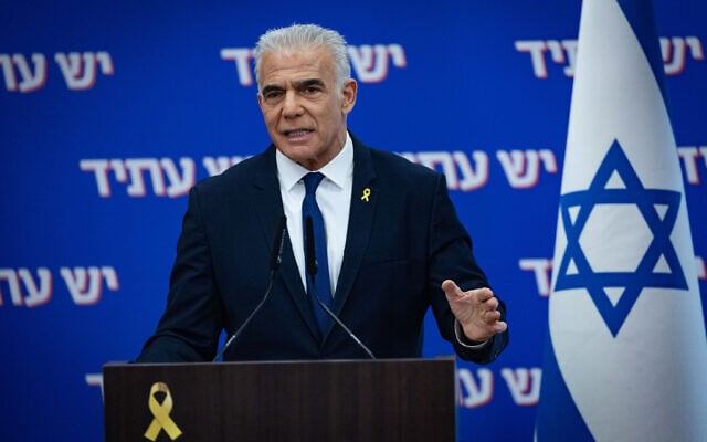 Opposition Leader and head of the Yesh Atid party MK Yair Lapid leads a faction meeting at the Knesset in Jerusalem, on December 1, 2025. (Yonatan Sindel/Flash90) Opposition Leader and head of the Yesh Atid party MK Yair Lapid leads a faction meeting at the Knesset in Jerusalem, on December 1, 2025. (Yonatan Sindel/Flash90)