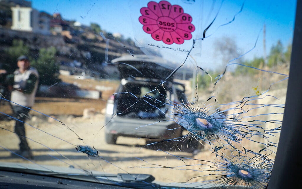 A vehicle used to carry out a car-ramming attack the night before, in Hebron, West Bank, December 2, 2025. (Wisam Hashlamoun/Flash90)