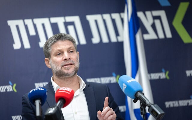 Finance Minister Bezalel Smotrich attends a faction meeting in the Knesset on December 8, 2025. (Chaim Goldberg/Flash90) Finance Minister Bezalel Smotrich attends a faction meeting in the Knesset on December 8, 2025. (Chaim Goldberg/Flash90)
