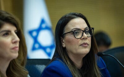 MK Galit Distel Atbaryan leads the Special Committee for the Communications Law at the Knesset, December 8, 2025. (Yonatan Sindel/Flash90)
