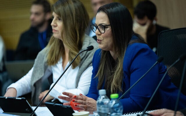 MK Galit Distel Atbaryan leads the Special Committee for the Communications Law at the Knesset, December 8, 2025. (Yonatan Sindel/Flash90)