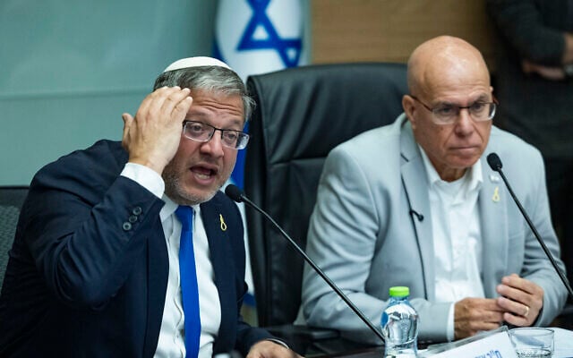 National Security Minister Itamar Ben Gvir, left, and Otzma Yehudit MK Tzvika Fogel attend a National Security Committee meeting at the Knesset on December 8, 2025. (Yonatan Sindel/Flash90)