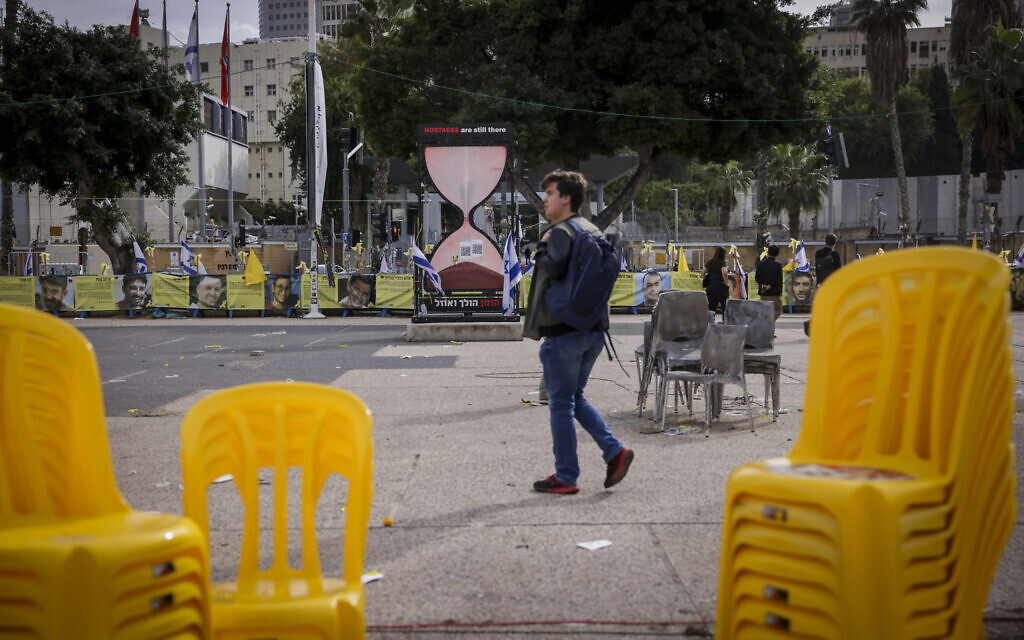 Workers dismantle installations at Hostages Square in Tel Aviv on December 9, 2025. (Miriam Alster/Flash90) Workers dismantle installations at Hostages Square in Tel Aviv on December 9, 2025. (Miriam Alster/Flash90)