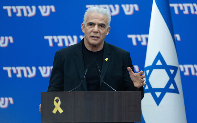 Opposition Leader Yair Lapid at a faction meeting at the Knesset in Jerusalem on December 15, 2025. (Yonatan Sindel/Flash90) Opposition Leader Yair Lapid at a faction meeting at the Knesset in Jerusalem on December 15, 2025. (Yonatan Sindel/Flash90)