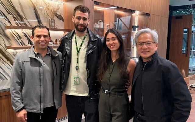 From left: senior vice president and head of NVIDIA's Israel research and development center Amit Krig, released hostage and NVIDIA employee Avinatan Or, released hostage Noa Argamani and NVIDIA founder and CEO Jensen Huang meeting at the company's US headquarters following Or's release from Hamas captivity, December 11, 2025. (NVIDIA via Noa Argamani on X) From left: senior vice president and head of NVIDIA's Israel research and development center Amit Krig, released hostage and NVIDIA employee Avinatan Or, released hostage Noa Argamani and NVIDIA founder and CEO Jensen Huang meeting at the company's US headquarters following Or's release from Hamas captivity, December 11, 2025. (NVIDIA via Noa Argamani on X)
