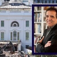 An excavator works to clear rubble after the East Wing of the White House was demolished on October 23, 2025. (Eric Lee/Getty Images via JTA); Shalom Baranes, inset, has been chosen to lead the reconstruction. (Shalom Baranes Associates)