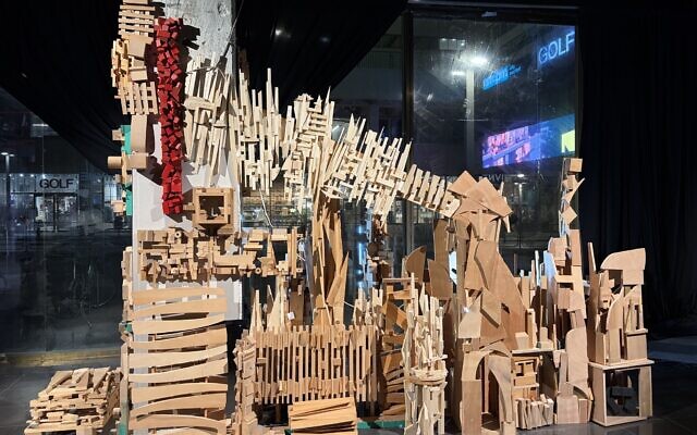 Soly Bornstein Wolff's work from "HaMivne," a pop-up exhibit on display through December 29, 2025. (Jessica Steinberg/Times of Israel)