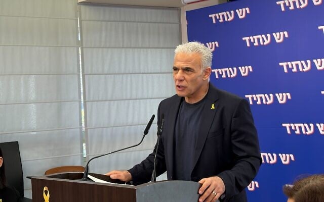 Opposition Leader Yair Lapid addresses a weekly Yesh Atid faction meeting in the Knesset, on December 29, 2025. (Sam Sokol/The Times of Israel) Opposition Leader Yair Lapid addresses a weekly Yesh Atid faction meeting in the Knesset, on December 29, 2025. (Sam Sokol/The Times of Israel)