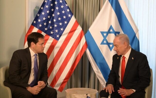 Prime Minister Benjamin Netanyahu, right, meets with US Secretary of State Marco Rubio at Mar-a-Lago in Florida, December 29, 2025. (Prime Minister’s Office)