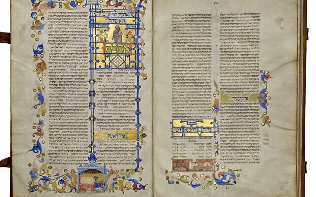 A 14th-century manuscript of Maimonides’ Mishneh Torah on display at the National Library of Israel in Jerusalem in December 2025. (Ardon Bar-Hama/National Library of Israel)