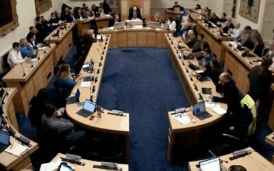 Members of the Dublin City Council sit in the council chambers during the December 1, 2025, meeting in which the proposal to rename Herzog Park was sent back to the naming committee. (Screenshot from webcast via JTA)