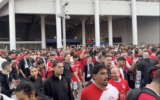Fans of Hapoel Tel Aviv leave Bloomfield Stadium as they boycott a game due to supporters being barred from attending after wearing t-shirts describing the police, the outlawed extremist Kach party, and the Maccabi soccer club as "scum," on December 6, 2025. (Screenshot, X; used used in accordance with Clause 27a of the Copyright Law)
