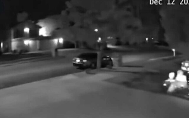 Security camera footage shows a car driving past while shooting at a home with Hanukkah decorations in Redlands, California, December 12, 2025. (X, used in accordance with Clause 27a of the Copyright Law) Security camera footage shows a car driving past while shooting at a home with Hanukkah decorations in Redlands, California, December 12, 2025. (X, used in accordance with Clause 27a of the Copyright Law)