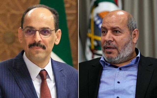 L: Turkish intelligence chief Ibrahim Kalin in Damascus on September 17, 2025 (Syrian Presidency Facebook page / AFP): R: Hamas's Khalil al-Hayya in Istanbul on April 24, 2024. (AP Photo/Khalil Hamra) L: Turkish intelligence chief Ibrahim Kalin in Damascus on September 17, 2025 (Syrian Presidency Facebook page / AFP): R: Hamas's Khalil al-Hayya in Istanbul on April 24, 2024. (AP Photo/Khalil Hamra)