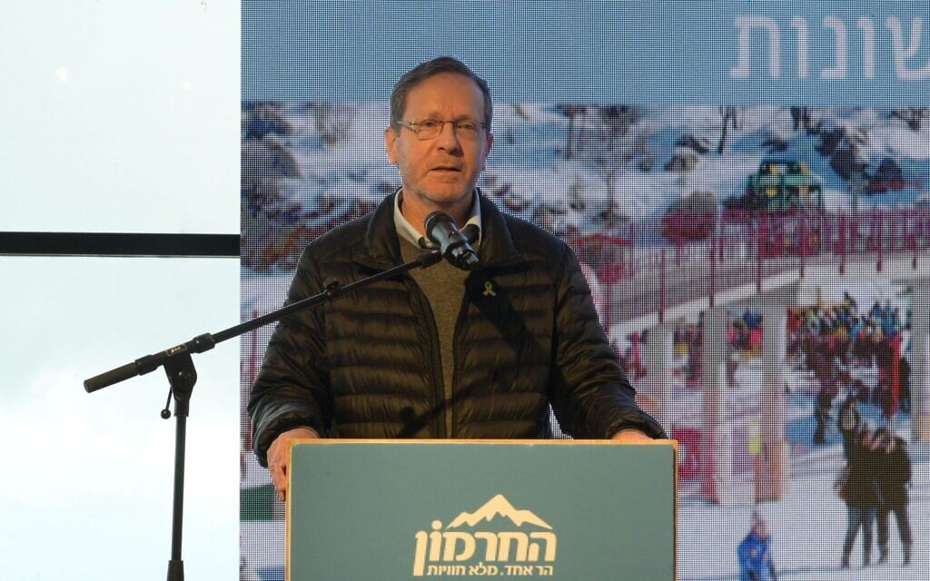 President Isaac Herzog speaks during an event on Mount Hermon in northern Israel on December 1, 2025. (Amos Ben-Gershom/GPO) President Isaac Herzog speaks during an event on Mount Hermon in northern Israel on December 1, 2025. (Amos Ben-Gershom/GPO)
