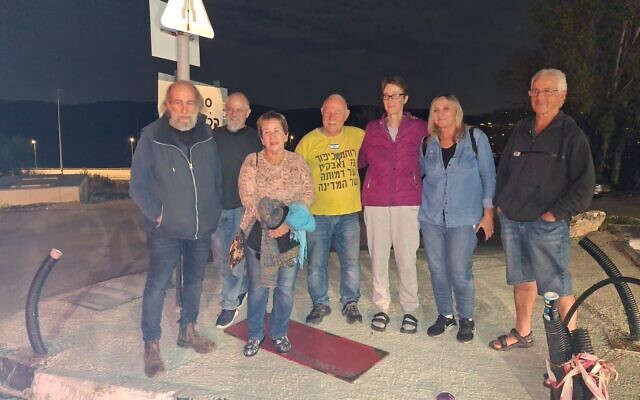 Anti-government activist Yolanda Yavor poses with friends after being released to house arrest from Kishon Detention Facility in northern Israel on December 3, 2025. (Protest Detainee Legal Support Front/Courtesy)
