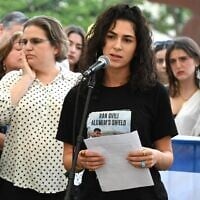 Shira Gvili, sister of Ran Gvili, whose body is still held hostage in Gaza, speaks at Hostages Square in Tel Aviv on December 5, 2025 (Lior Rotstein/Hostages Forum)