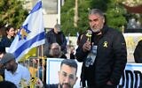 Itzik Gvili speaks at an event for his son Ran Gvili, the last remaining hostage in Gaza, in Tel Aviv's Hostages Square, on December 12, 2025. (Paulina Patimer/The Hostages and Missing Families Forum)
