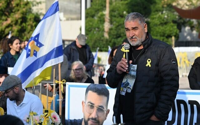 Itzik Gvili speaks at an event for his son Ran Gvili, the last remaining hostage in Gaza, in Tel Aviv's Hostages Square, on December 12, 2025. (Paulina Patimer/The Hostages and Missing Families Forum) Itzik Gvili speaks at an event for his son Ran Gvili, the last remaining hostage in Gaza, in Tel Aviv's Hostages Square, on December 12, 2025. (Paulina Patimer/The Hostages and Missing Families Forum)