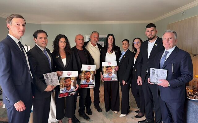 The family of the last remaining deceased hostage in Gaza, Ran Gvili, meets in Florida with US Secretary of State Marco Rubio and top White House Middle East advisers Jared Kushner and Steve Witkoff, December 29, 2025, in a photo sent out by the Tikva Forum. (Courtesy) The family of the last remaining deceased hostage in Gaza, Ran Gvili, meets in Florida with US Secretary of State Marco Rubio and top White House Middle East advisers Jared Kushner and Steve Witkoff, December 29, 2025, in a photo sent out by the Tikva Forum. (Courtesy)