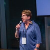 Former captive and social psychologist Gabriela Leimberg at the first conference of 255 – The Hostages and Their Families Organization in November 2025 at the Peres Center in Jaffa (Courtesy)