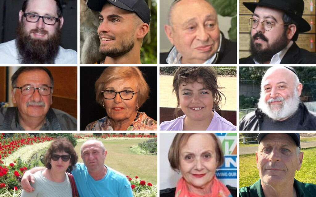 Twelve of the victims of the Sydney Hanukkah shooting: top row (left to right) - Rabbi Yaakov Levitan, Dan Elkayam, Alex Kleytman, Rabbi Eli Schlanger; middle row (left to right) - Tibor Weitzen, Marika Pogany, Matilda [last name withheld], Reuven Morrison; bottom row (left to right): Sofia and Boris Gurman, Edith Brutman and Peter Meagher. (Composite: Times of Israel; Images: Courtesy/social media, used in accordance with Clause 27a of the Copyright Law)