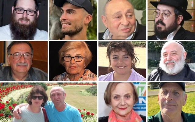 Twelve of the victims of the Sydney Hanukkah shooting: top row (left to right) - Rabbi Yaakov Levitan, Dan Elkayam, Alex Kleytman, Rabbi Eli Schlanger; middle row (left to right) - Tibor Weitzen, Marika Pogany, Matilda [last name withheld], Reuven Morrison; bottom row (left to right): Sofia and Boris Gurman, Edith Brutman and Peter Meagher. (Composite: Times of Israel; Images: Courtesy/social media, used in accordance with Clause 27a of the Copyright Law)
