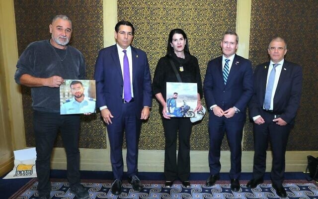US Ambassador to the UN Mike Waltz, second from right, meets with the parents of Staff Sgt. Ran Gvili, the last remaining deceased hostage in Gaza, December 8, 2025. (Foreign Ministry)