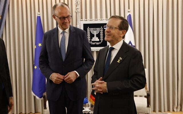President Isaac Herzog (R) meets with German Chancellor Friedrich Merz at the President's Residence in Jerusalem, December 6, 2025. (Yossi Zamir/GPO) President Isaac Herzog (R) meets with German Chancellor Friedrich Merz at the President's Residence in Jerusalem, December 6, 2025. (Yossi Zamir/GPO)
