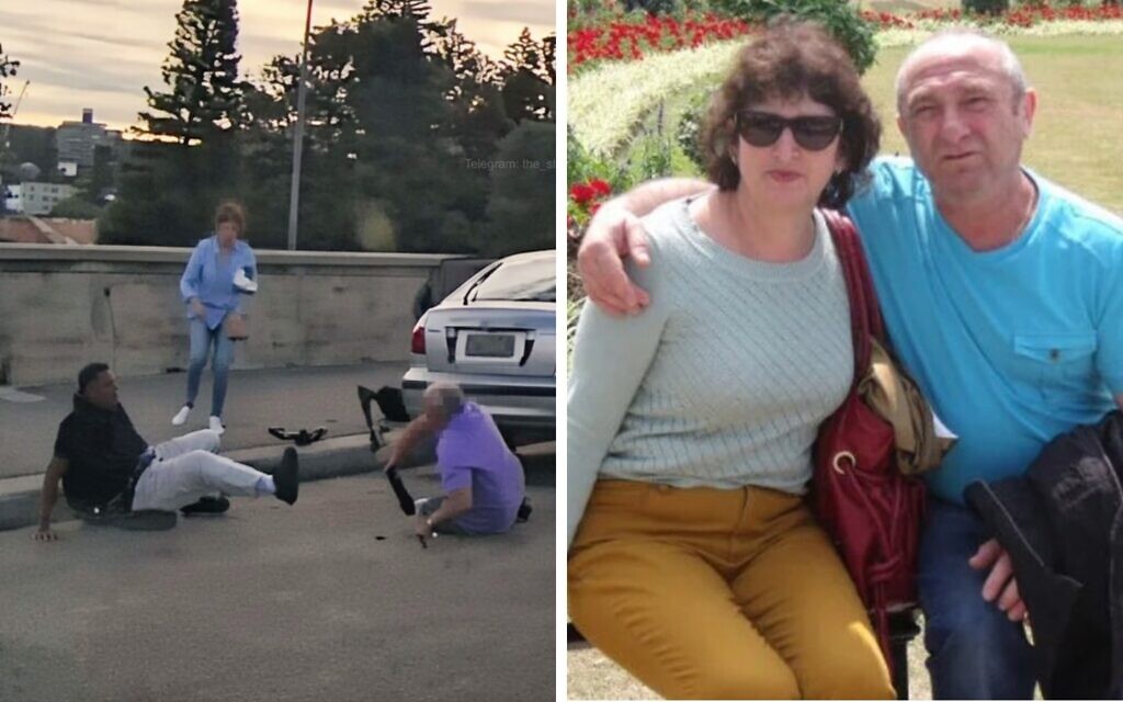 Boris (right) and Sofia Gurman tussle with terrorist Sajid Akram (left) before he carried out the Bondi Beach Hanukkah massacre, December 14, 2025. (Screenshot)