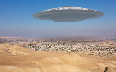 An illustrated image of a flying saucer hovering over the city of Jericho in the Judean Desert. (iStock/ ronib1979)