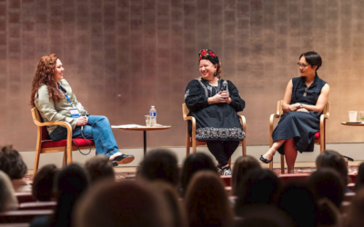 Author Gilly Segal, left, interviews literary agent Rena Rossner, center, and rabbi and author Angela Buchdahl at the Artists Against Antisemitism 2025 Jewish Writers Mifgash, September 14, 2025. (Rebecca J. Michelson)