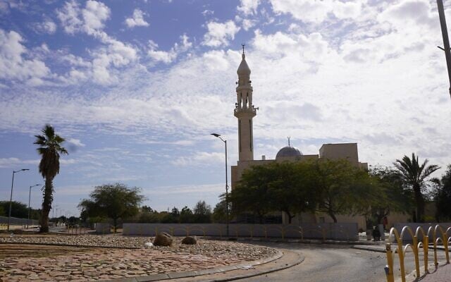 A mosque at the entrance to Tarabin al-Sana, a Bedouin town in southern Israel's Negev region, pictured on December 31, 2025. (Charlie Summers/Times of Israel) A mosque at the entrance to Tarabin al-Sana, a Bedouin town in southern Israel's Negev region, pictured on December 31, 2025. (Charlie Summers/Times of Israel)