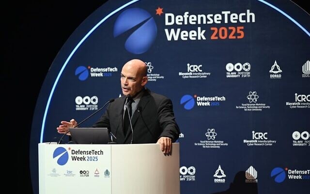 Defense Ministry DDR&D head Danny Gold speaks at the DefenseTech Summit at Tel Aviv University, December 1, 2025. (Defense Ministry) Defense Ministry DDR&D head Danny Gold speaks at the DefenseTech Summit at Tel Aviv University, December 1, 2025. (Defense Ministry)