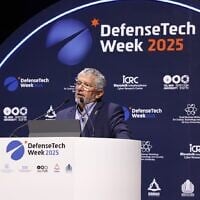 Retired Israeli Air Force commander and former Defense Ministry director general Amir Eshel speaks at the DefenseTech Summit at Tel Aviv University, December 1, 2025. (Defense Ministry)