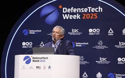 Retired Israeli Air Force commander and former Defense Ministry director general Amir Eshel speaks at the DefenseTech Summit at Tel Aviv University, December 1, 2025. (Defense Ministry) Retired Israeli Air Force commander and former Defense Ministry director general Amir Eshel speaks at the DefenseTech Summit at Tel Aviv University, December 1, 2025. (Defense Ministry)