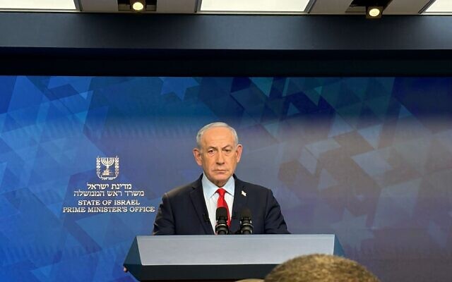 Prime Minister Benjamin Netanyahu holds a press conference in Jerusalem on January 27, 2026. (Lazar Berman/Times of Israel)