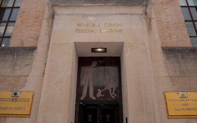 The Wilbur J. Cohen Federal Building, set for sale and likely demolition, houses murals by multiple Jewish artists.(Heather Diehl/Getty Images via JTA)
