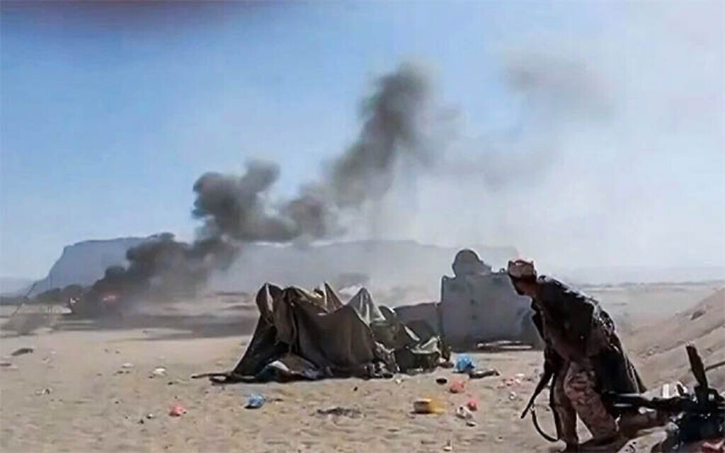 A video grab taken on January 3, 2026, from images released by Aden Independent Channel (AIC TV) on January 2, shows the moment a strike hits Southern Transitional Council (STC) forces in Seiyun, in the Hadhramaut Governorate, Yemen. (ADEN INDEPENDENT CHANNEL (AIC TV) / AFP)