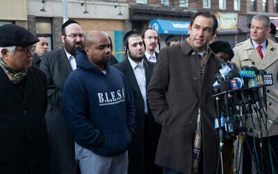 Jersey City Mayor Steven Fulop speaks to reporters at the scene of the shooting at a kosher market, Dec. 11, 2019.  (Jennifer Brown/City of Jersey City via JTA)