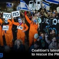 Protesters march toward the Supreme Court in Jerusalem holding signs reading 'Power, Money, Honor, Prison' against Prime Minister Benjamin Netanyahu and his government, and in support of the Supreme Court, January 7, 2026. (Yonatan Sindel/Flash90)